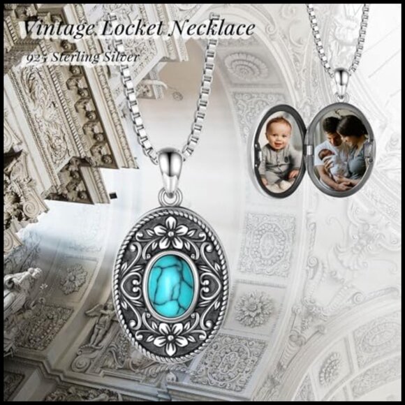 Amazon.com: THSOGO Vintage Photo Locket Necklace Handmade  Vintage Sterling Silver Turquoise Locket Pendant with Photo Insert Elegant
